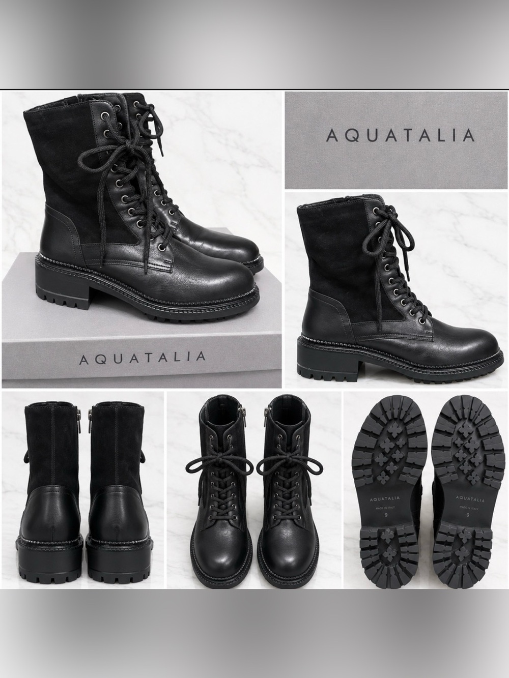 Aquatalia Orianna Mixed Leather Lace-Up Combat Booties
